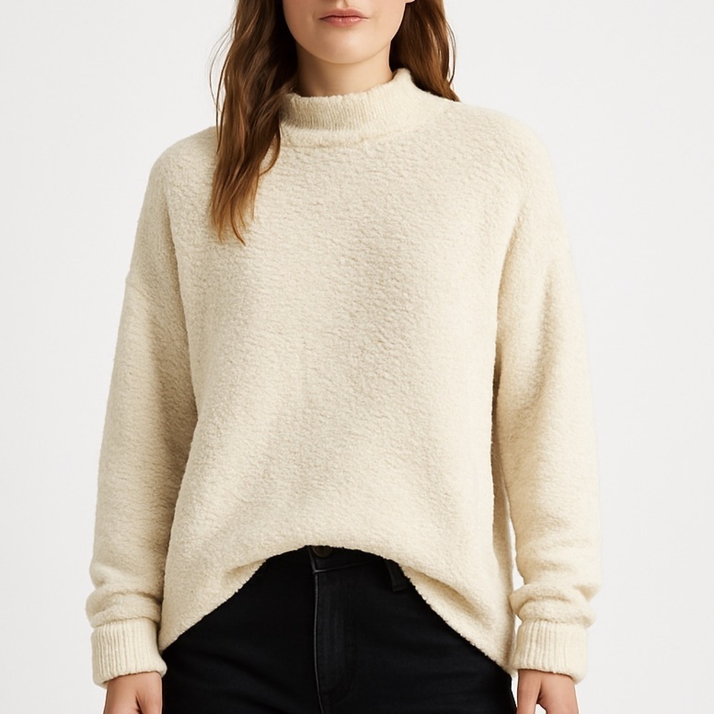 Free People textured mock neck relaxed fit boucle knit sweater S cream